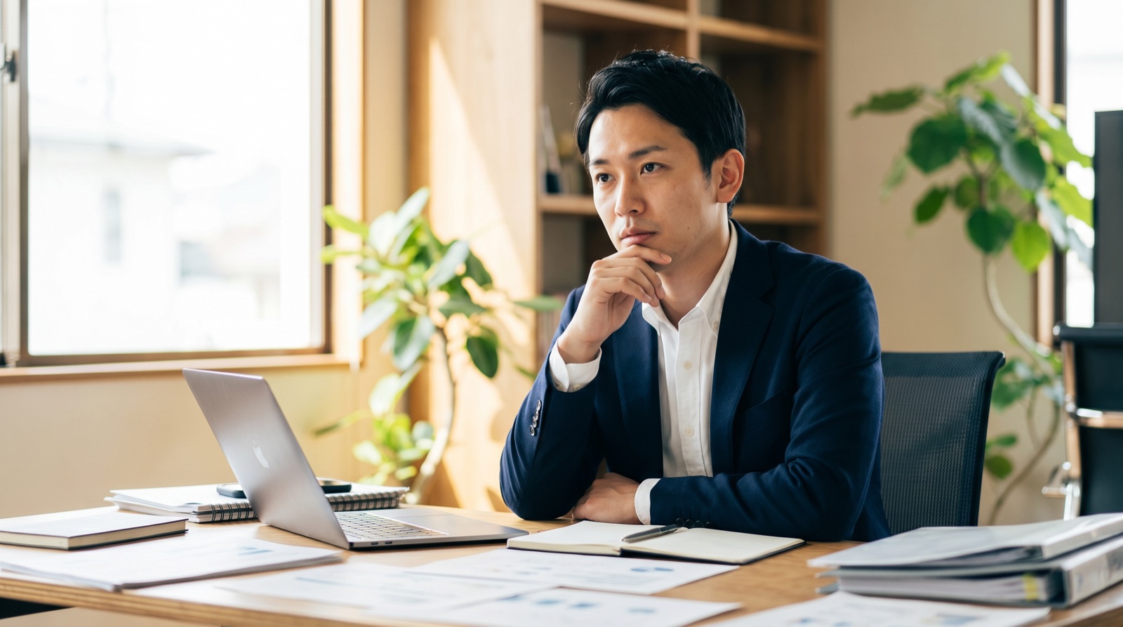 校舎長がデスクで手を止めて考えている場面