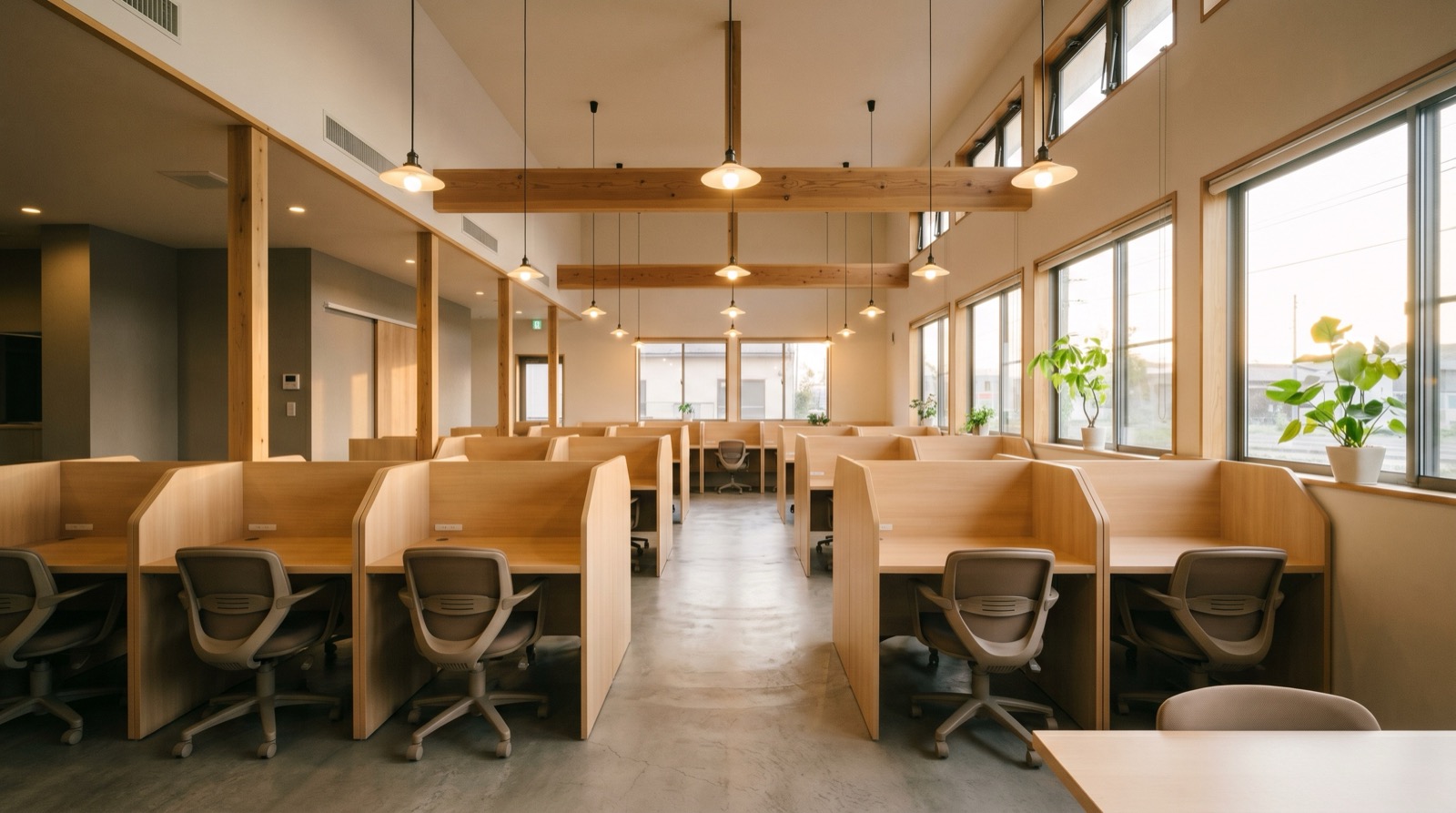 ミライの校舎の自習スペース。木製パーティション付きの個別席が並ぶ